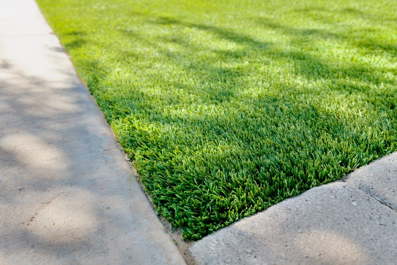The same corner of artificial turf with the leaves cleared and the blades standing upright.
